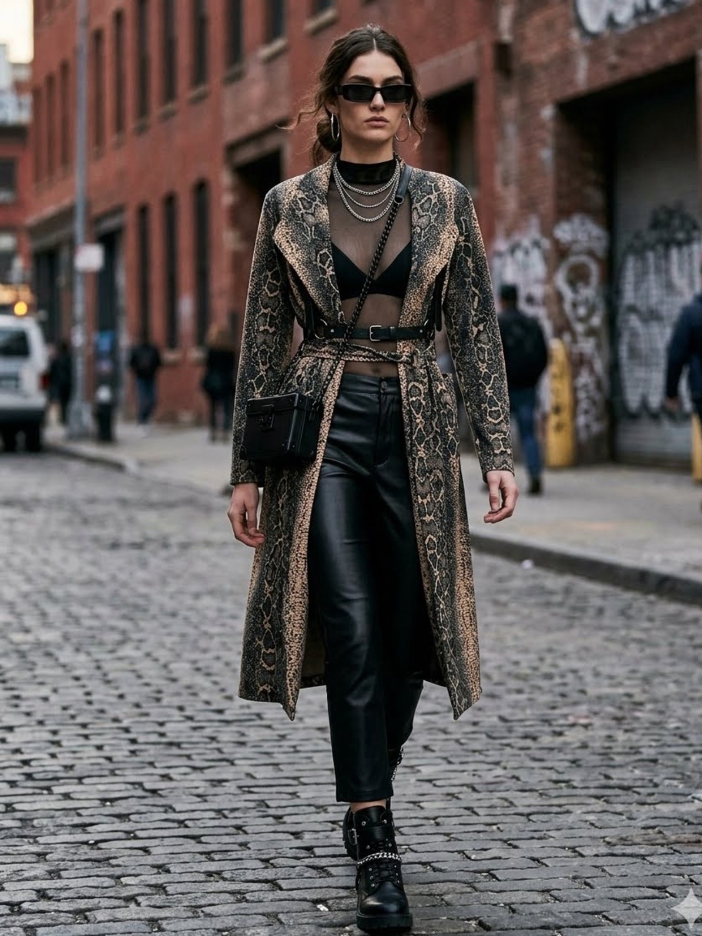Shinestar Snakeskin Print Knit Y2K Trench Coat Belted old Money Duster Jacket M